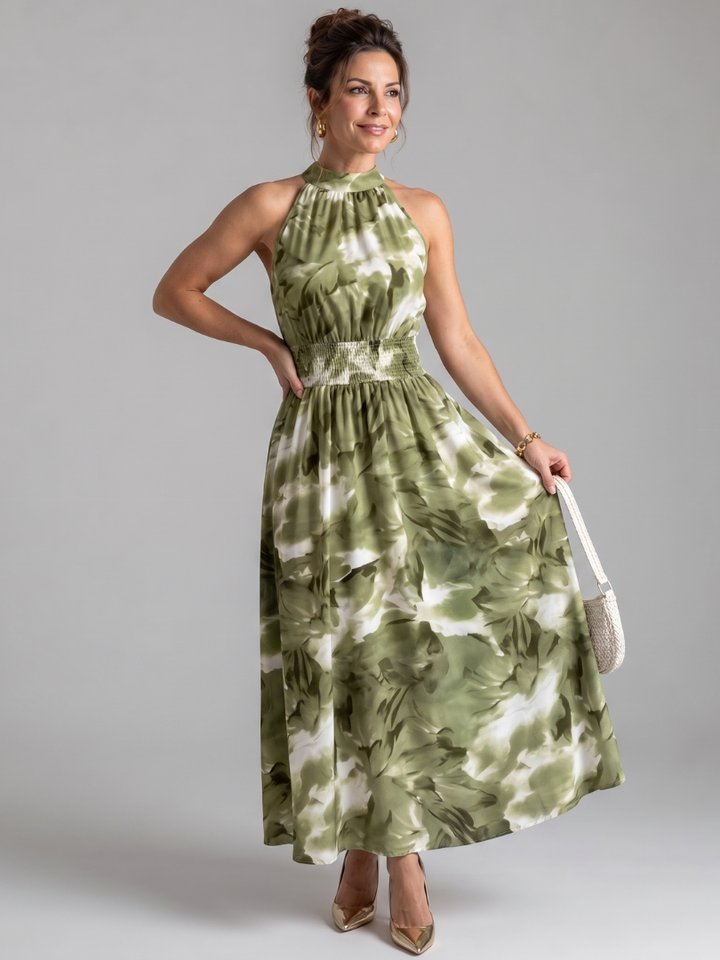 Olivia | Kerätty vyötärö, abstrakti printti midi-mekko