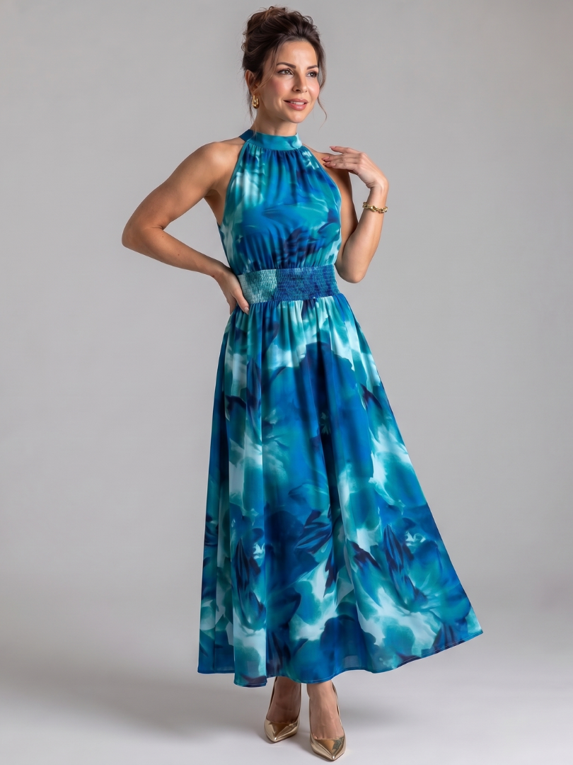 Olivia | Kerätty vyötärö, abstrakti printti midi-mekko