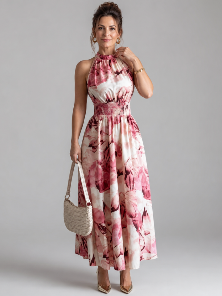 Olivia | Kerätty vyötärö, abstrakti printti midi-mekko