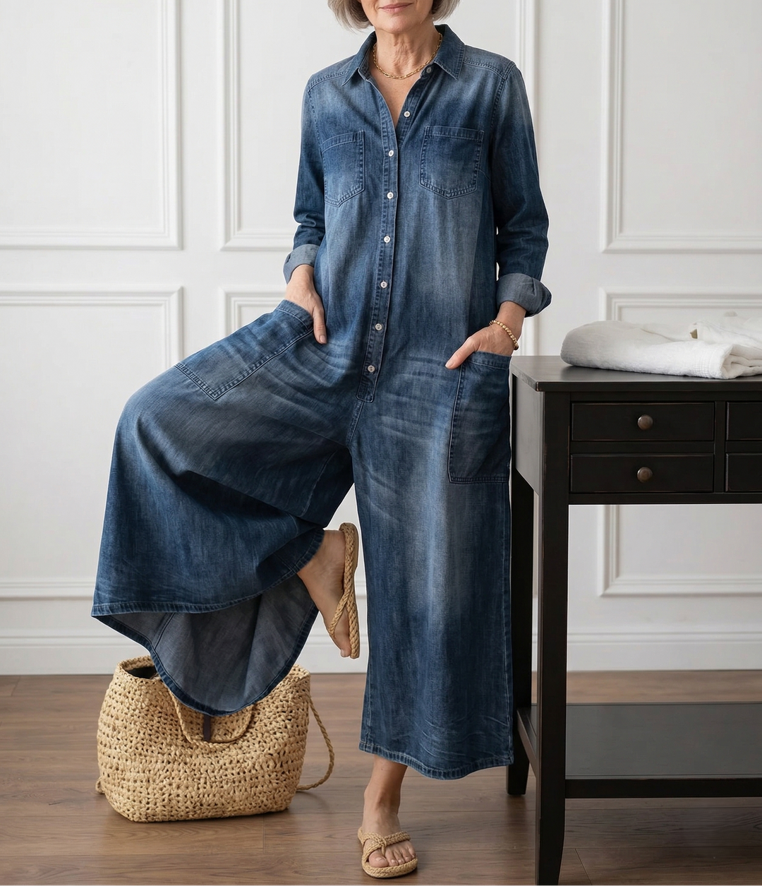 Diana | Vintage-denim-salopette pestyyn puuvillaan napilla