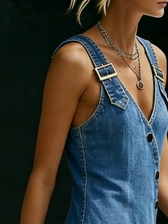 Vera | Pitkä Denim-mekko Napilla